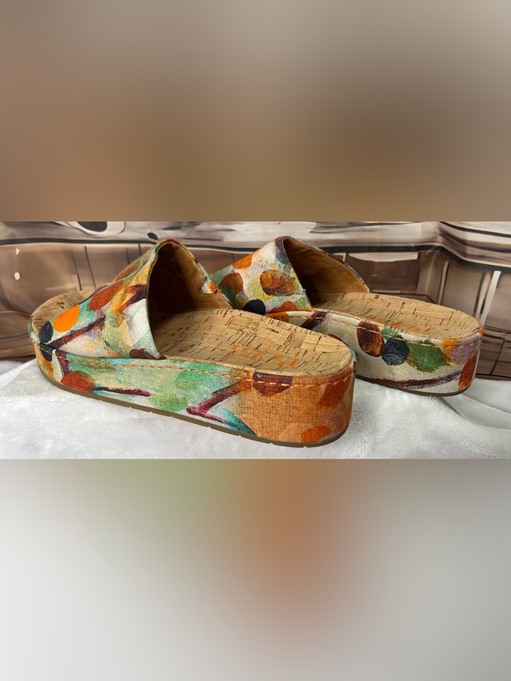 Born Sharr Multicolor Fabric Platform Slide Sandals Cork Wedge Women's Size 10 - Picture 6 of 16
